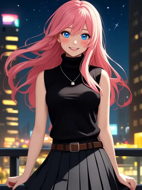 a woman with pink hair and blue eyes standing in front of a city