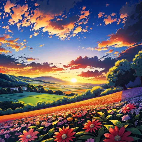 a painting of a field full of flowers under a cloudy sky