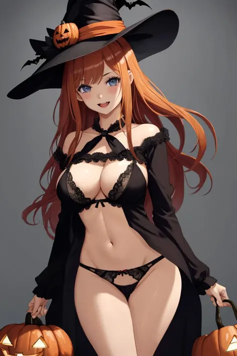 1girl, solo, large breasts, underwear, breasts, hat, happy halloween, panties