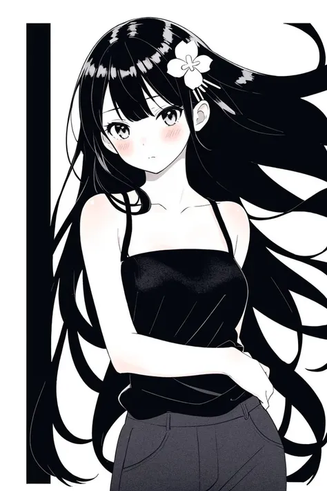 1girl, solo, long hair, white background, monochrome, blush, simple background, black clothes, hair ornament, bangs, pants, bare shoulders, closed mouth