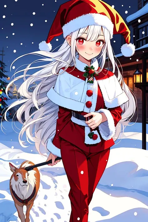 anime girl in santa outfit walking dog in snowy area