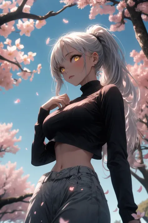 1girl, yellow eyes, long hair, ponytail, white hair, tree, standing, crop top, sky, cherry blossoms, city, looking at viewer, upper body, from below, looking down
<lora:Furtastic_Detailer:1>
<lora:beautiful detailed eyes:0.7> Style-DoF, Style-EMCG
<lora:mi...