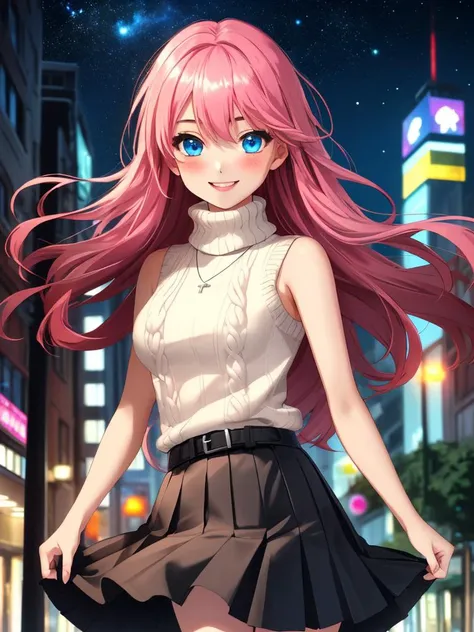 a woman with pink hair and a white shirt is walking down the street