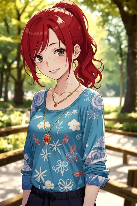 masterp(masterpiece, best quality), 1girl, collarbone, wavy hair, looking at viewer, blurry foreground, upper body, necklace, contemporary, plain pants, ((intricate, print, pattern)), ponytail, freckles, red hair, dappled sunlight, smile, happy,