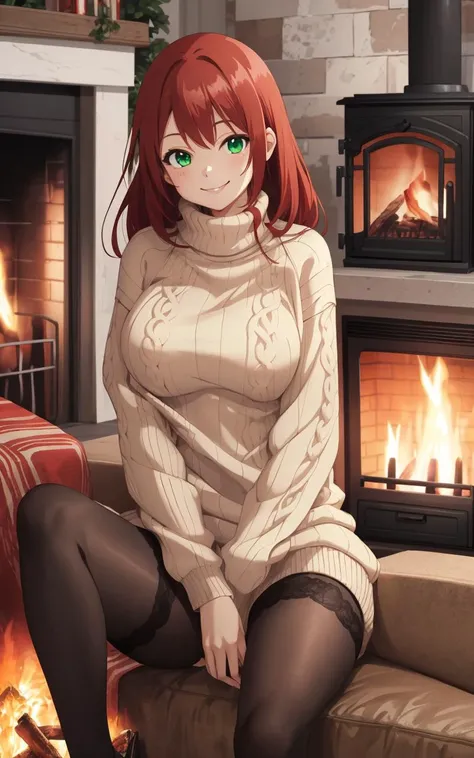 âª ONE FOR ALL Â«AnimeÂ» by Chaos Experience @ https://ko-fi.com/chaosexperience â«
(Ultra-HD-details)
huge sweater, redhead, green eyes, stockings, smile, fireplace, comfort