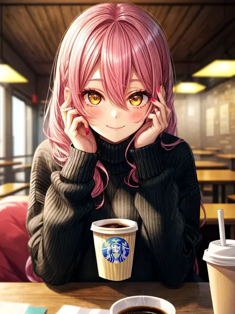 anime girl with pink hair and glasses sitting at a table with a cup of coffee