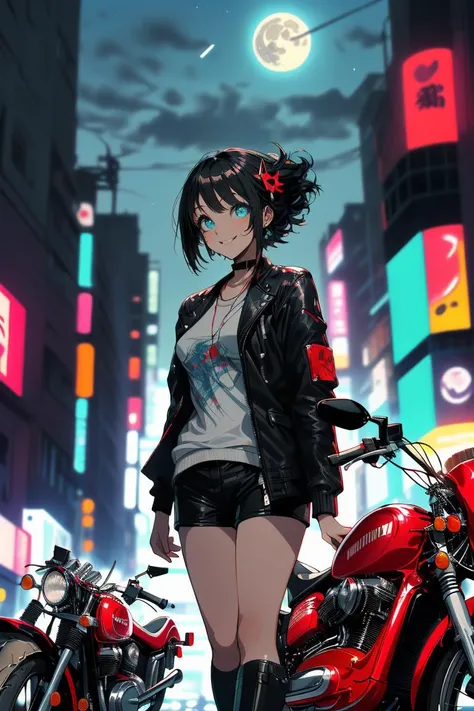 (life-size-body)
(masterpiece, dynamic lighting, (beautiful eyes:1.2), illustration, cute, shibuya city, japanese, ((red motorcycle:1.2)), street, 1girl, standing, model pose, turquoise eyes, smile, black hair, short hair, (cyberpunk black jacket), (cyberp...