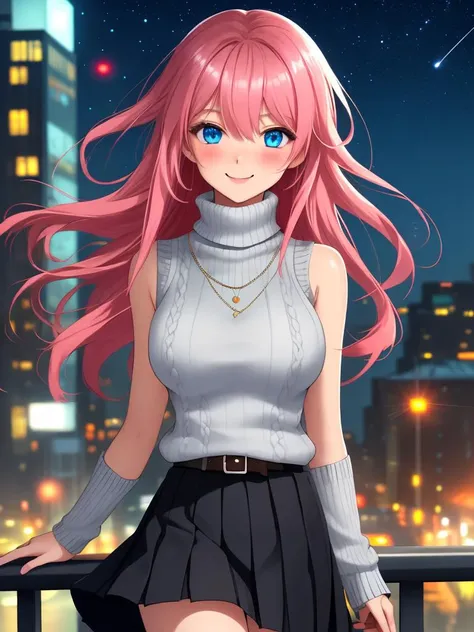 a girl with pink hair and blue eyes standing on a balcony