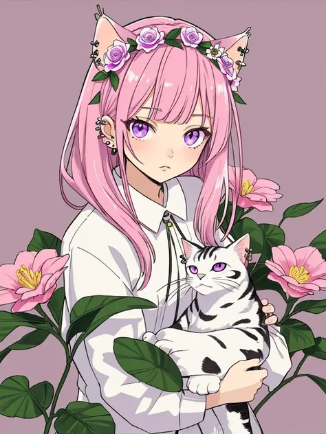 mammal, anthro, hair, goat, female, plant, whiskers, purple eyes, flower, fur, clothing, feline, simple background, hair accessory, ambiguous gender, piercing, looking at viewer, felid, clothed, pink nose, ear piercing, flower in hair, lepidopteran, floral...