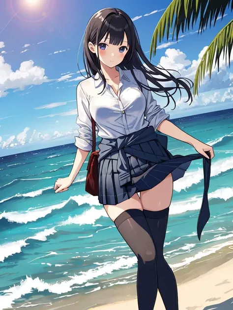 eririschool, 1girl, solo, ocean, black thighhighs, skirt, clothes around waist,