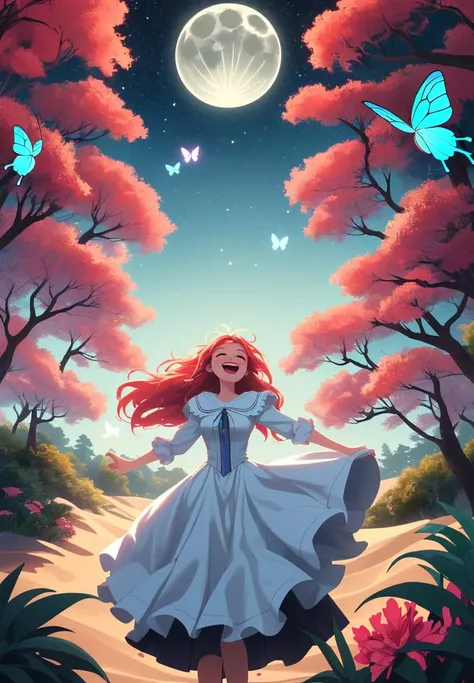 In a land where dreams and daylights blend
A girl wanders where wonders never end.
Hair like sunlight, in gentle flow
Through a fantasy realm where odd trees grow.
Eyes aglow like the stars above
She twirls under skies in hues of love.
Her laughter rings, ...