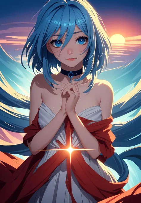 In eyes of blue, a silent tale is spun, With loops of azure twined in coiled grace, Where whispers of a hidden depth begun.
A splash of crimson, like a setting sun, Adorns her with a playful, warm embrace, In eyes of blue, a silent tale is spun.
A chokers ...