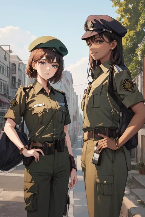 two anime girls in uniform standing on a street