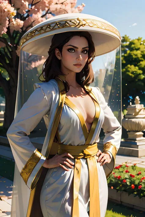 shrah, brown eyes, brown hair, white robes. gold trim, large hat with veil, cleavage, large breasts, looking at viewer, serious, medium shot, 
hands on hips, outside, marble palace,garden, flowers, season change, summer to fall, 
extreme detail, hdr, beaut...