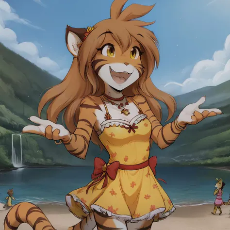 anime character of a cat with a yellow dress and a red bow