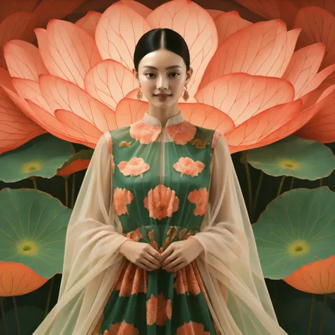 masterpiece,best quality,fashion oriental beauty,detailed face,bright color,whole body,smiling in front of the audience,huge flounces,the pattern is complex and transparent,medium/translucent lotus leaf,morandi color,surrealism,lotus,<lora:hehua5:0.7>,