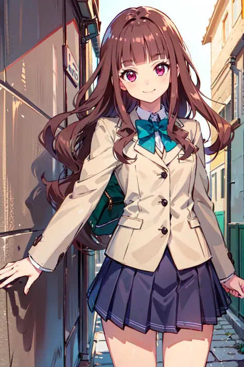 cowboy shot, smile,  <lora:RuriDigi:0.8> RuriDigi,  brown hair, blunt bangs, red eyes, school uniform, jacket, pleated skirt,, ultra detailed, masterpiece, best quality, aesthetic, detailed,