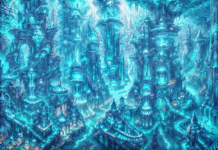 a painting of a city with a lot of blue lights