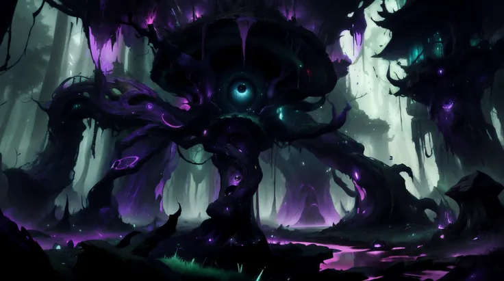 a close up of a purple and black monster in a forest