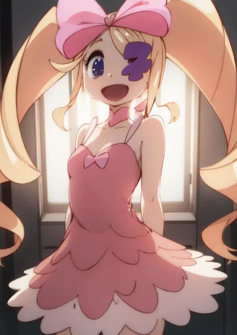 (masterpiece, best quality:1.2), extremely detailed, soft ambient lighting, sharp focus, 4K, BREAK <lora:nui-killlakill:1>, 1girl, solo, nui harime, long blonde twin tails, pink dress, happy, open mouth, BREAK standing, looking at viewer,