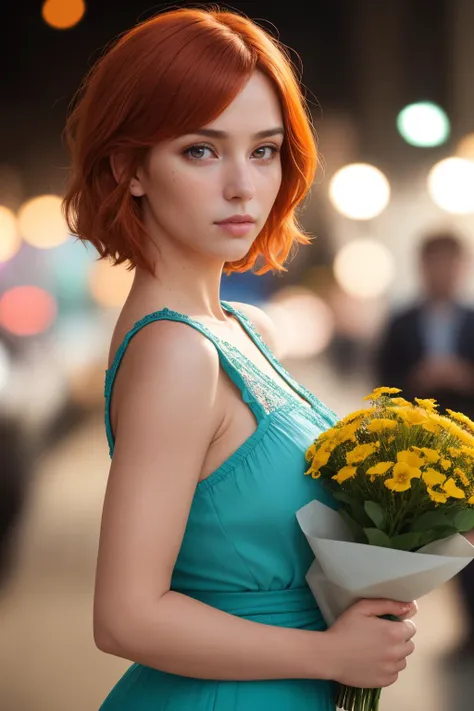 a close up of a woman holding a bouquet of flowers