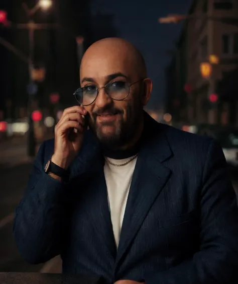 shufutinskiy man, dark blue knitted blazer, bald, glasses, (fat:0.7), photo portrait, saint petersburg on background, evening, autumn, kodak portra 400, film grain, muted colors, bokeh <lora:3rd_september_v1:0.9>