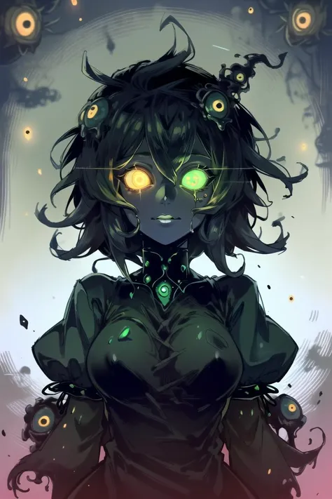 ((best quality)), ((highly detailed)), masterpiece, detailed face, beautiful face, (detailed eyes, deep eyes), (1girl), upper body, ((puffy short sleeves)), <lora:aiomonstergirls_loraLocon:.9>, ((shoggoth)), maid, body horror, tentacles, ((extra eyes)), gl...