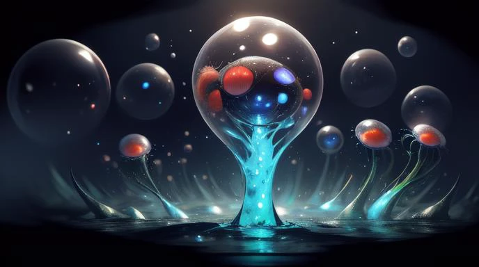 a group of spheres floating in a dark room with water