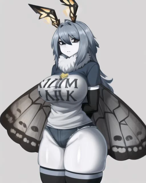 ((best quality)), ((highly detailed)), masterpiece, (detailed eyes, deep eyes), (1girl),  cowboy shot, <lora:MegaMilkV1:.9>, shirtMega, clothes_writing, impossible_clothes, <lora:aiomonstergirls_loraLocon:.6>, moth girl, fur collar, furry moth wings, giant...