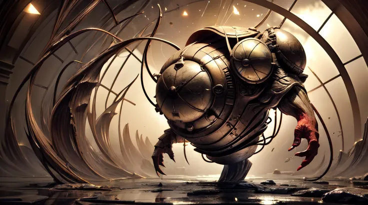 a close up of a robot in a futuristic setting with a large metal object