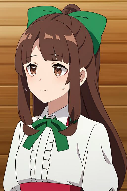 othernpc, 1girl, solo, long_hair, bangs, brown_hair, shirt, bow, ribbon, brown_eyes, closed_mouth, hair_ribbon, white_shirt, upper_body, hair_bow, collared_shirt, sweatdrop, red_bow, parted_bangs, neck_ribbon, green_ribbon