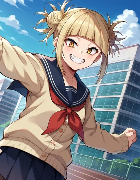 score_9, score_8_up, score_7_up, source_anime,
himikotoga, <lora:himiko-toga-ponyxl-lora-nochekaiser:1>,
himiko toga, bangs, blonde hair, yellow eyes, blunt bangs, hair bun, double bun, messy hair, smile, grin,
skirt, long sleeves, school uniform, pleated ...