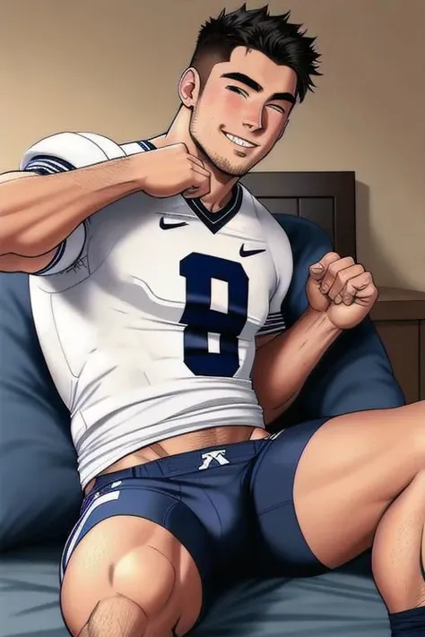 Captain of college football team, smirking, laying down, leg spread, posing, clear picture, portrait, (one hand lifting shirt up showing chest:1), blushing