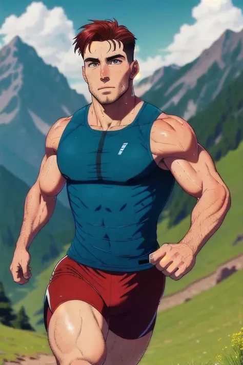 Beautiful man, male, cute face, trail running in mountains, strong and powerful, great detail, dreamy, 4k, sweaty, red shorts, enjoying the panorama