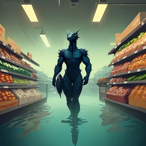 model, digital art, ground level shot of a Dragon, (gills:1.4), Grocery store,  cinematic lighting, under water, Concept Art World