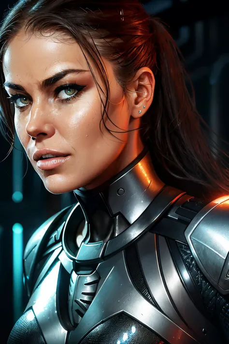 carmene2 , ((best quality)), ((masterpiece)), (detailed), Midjourney Style, close-up, woman, robot, red eyes, concept art, inspired by Marek Okon, digital art, Crysis Nanosuit, futuristic, (glowing elements:1.1), 4:3 aspect ratio, dynamic duo