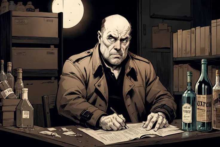 comic art style, image of an old overweight man sitting behind a desk in a messy office, a detective, wearing a trench coat, balding, gritty, film noir, sepia tones, dark, brooding, empty liquor bottles, tired eyes, detailed eyes