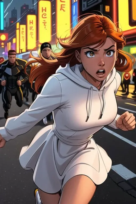 a woman in a white dress running down a street