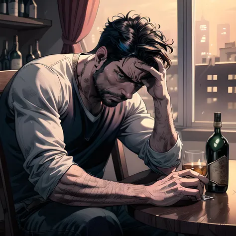 (masterpiece, best quality, very detailed, bright colors, saturation), <lora:add_detail:0.75> <lora:add_sharpness:0.50>, mature man, in a modern apartment, on a chair, sad face, despondency, sadness, phone on the table, suffering, twilight, noir, empty whi...