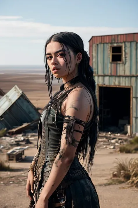 dirty  midthunder in makeshift clothing in front of a ruined building, post-apocalypse, highly detailed, photograph, focused, RAW, Canon EOS , medium shot