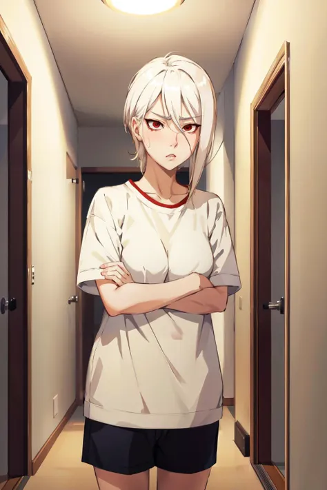 (masterpiece, best quality:1.2), 1girl, <lora:AliceNakiri:1>, Alice Nakiri, white blonde hair, red eyes, <lora:GoodHands-vanilla:1>, leaning against door, dorm background, casual clothes, yawning face, tired, teary eyes, grumpy face, hallway background, la...