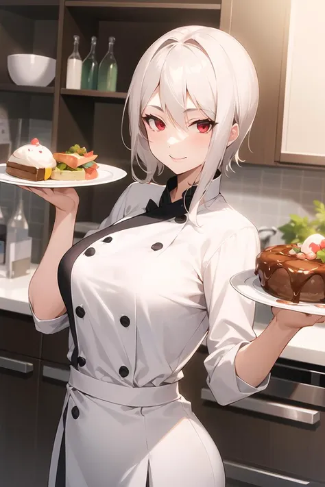 anime girl in a white apron holding a plate of food