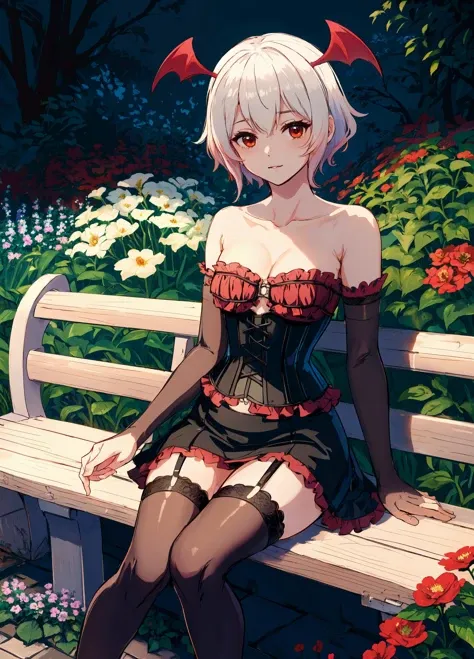 anime girl sitting on a bench in a garden with flowers