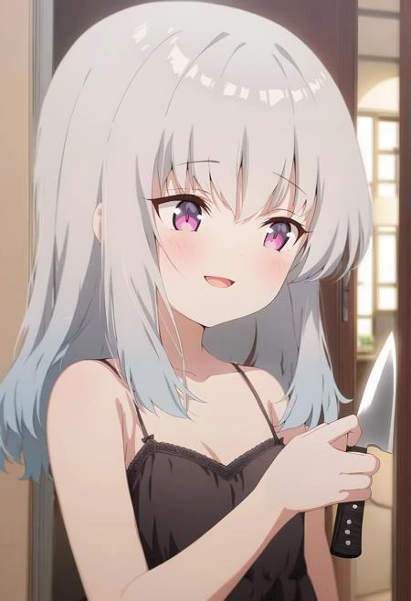 anime girl with white hair holding a knife in her hand