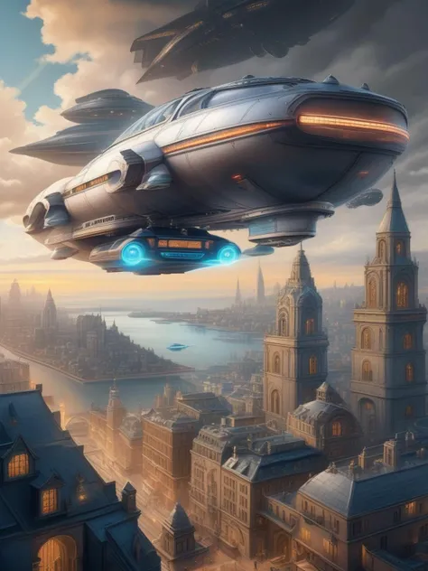 portrait of  (model DMC delorean:1.1) style flying airship over a city fantastically detailed city down below