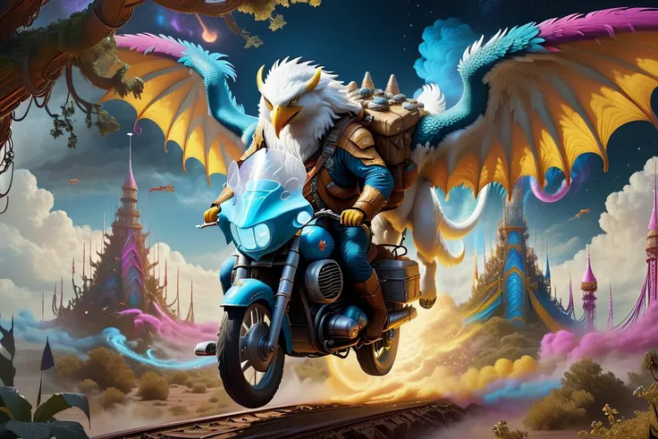 Dreamscape An explorer (riding) aeagle,dragon from a distant future, possessing extraordinary orientation senses, roams through an abandoned, overgrown amusement park. (Explorer, Futuristic, Abandoned, Overgrown) , Taking cues from Interstellar and Strange...