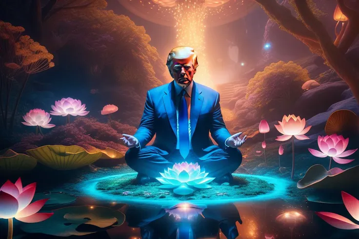 a man in a suit sitting in a lotus position with a glowing light