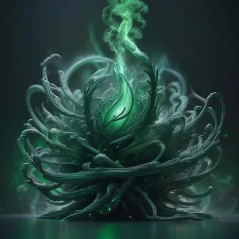 (art by Miki Asai:1.0) , Octane render, masterwork Fractal, Moody Calming "Im a firestarter, twisted firestarter.", Charcoal and deep green background, FOV 90 degrees, Ultra Detailed, Beautifully Lit, Ektachrome