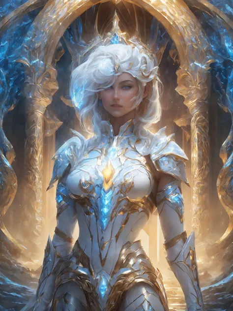 (white light manipulation), (white radiant power), aura of warmth, armor, kneel, 5 fingers, ((Beautiful female superhero)), floating, wearing an armored suit, blue eyas, (masterpiece, top quality, best quality, official art, beautiful and aesthetic:1.2), f...