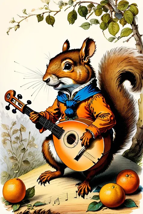 (Watercolor painting) and (etched lineart) of (art by Jean Ignace Isidore Grandville:1.3) and (art by Jean-Baptiste Monge:1.3) and (art by albrecht duerer:1.3) of (The Bardic Squirrel, A musical squirrel with a lute and vibrant attire. Musical notes, woodl...